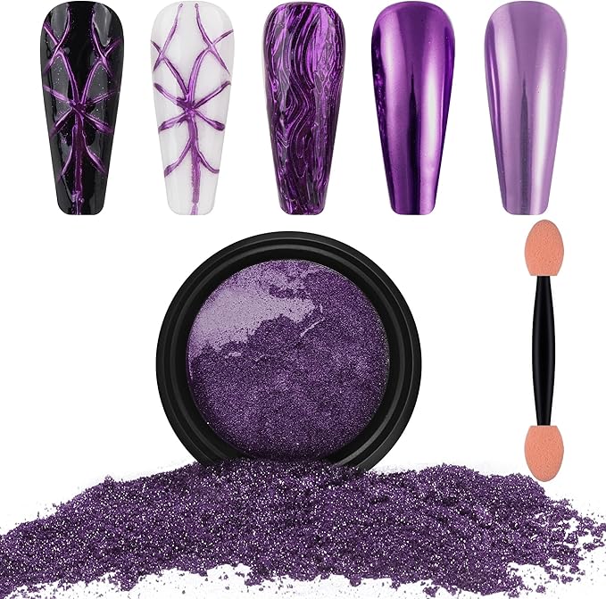 Artdone Chrome Nail Powder, Dark Purple Iridescent Aurora Powder Metallic Mirror Effect Pigment Pearlescent Mermaid Pigment Pearl Glitter Dust Kit, Nail Art Decoration, Resin Craft