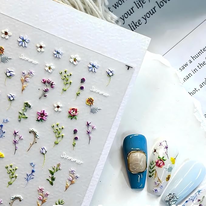 Dedyel Rural Wildflowers Nail Stickers 5D Embossed Wildflower Nail Stickers Spring Summer Red Yellow Blue White Flower Design Nail Art Decoration for Women Girls Kids