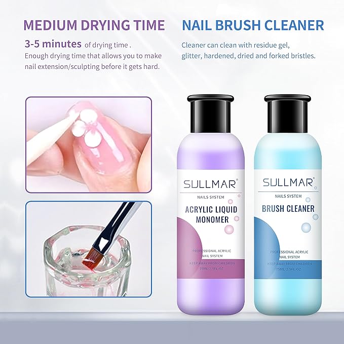 75ml/2.5fl.oz Acrylic Liquid Monomer Kit Nail Liquid Monomer Acrylic Nail Liquid Manicure Nail Art Tool Acrylic Liquid with 75ml 2.5FL.OZ Nail Brush Cleaner for Beginner