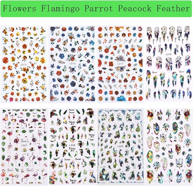 Flowers Nail Art Stickers, 3D Floral Flamingo Parrot Peacock Feather Nail Self-Adhesive Sticker Designs, Laser Glitter Flower Nail Transfer Decals Supplies for Women Girls Manicure Charms Decorations