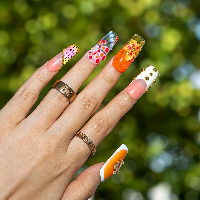 LOVFUL Short Press on Nails Tropical Trouble | Handmade Acrylic Press ons | Reusable Fake False Nails | Square Classic Regular 1.3in | H612-L