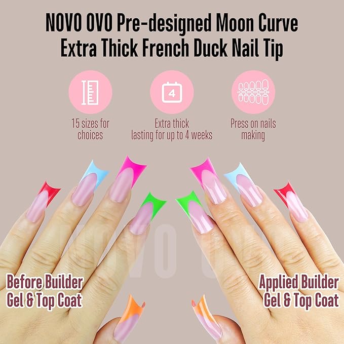 NOVO OVO Halloween French Tip Duck Feet Nail Tips 5 Mix Color Full Cover Press on Acrylic with Moon Curve, Need Top Coat and Builder Gel, Thick Medim Soft Gel False Nail Extension X 15 Sizes 150 Pcs