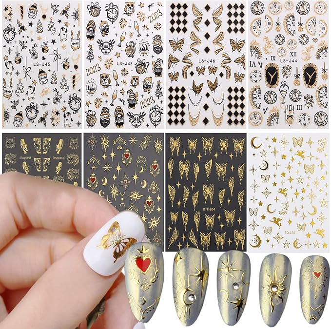 Gold Nail Art Stickers, Leopard Butterfly Sun Moon Star Clocks Watches Nail Self-Adhesive Sticker Designs, 3D Gold Nail Transfer Decals Supplies for Women Manicure Decorations, DIY Nail Decal