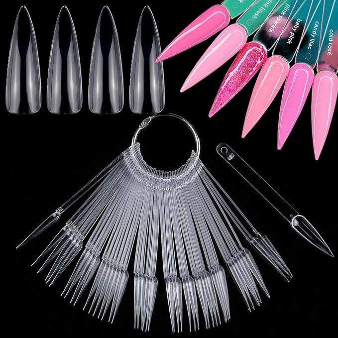 LoveOurHome 150PC Stiletto Nail Swatch Sticks Clear Practice Nail Tips Fan Cards Nail Art Display Board Nail Polish Color Swatches Sticks Tips Sample Tester Nail Skill Practice Tools Kit with Ring