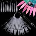 LoveOurHome 150PC Stiletto Nail Swatch Sticks Clear Practice Nail Tips Fan Cards Nail Art Display Board Nail Polish Color Swatches Sticks Tips Sample Tester Nail Skill Practice Tools Kit with Ring
