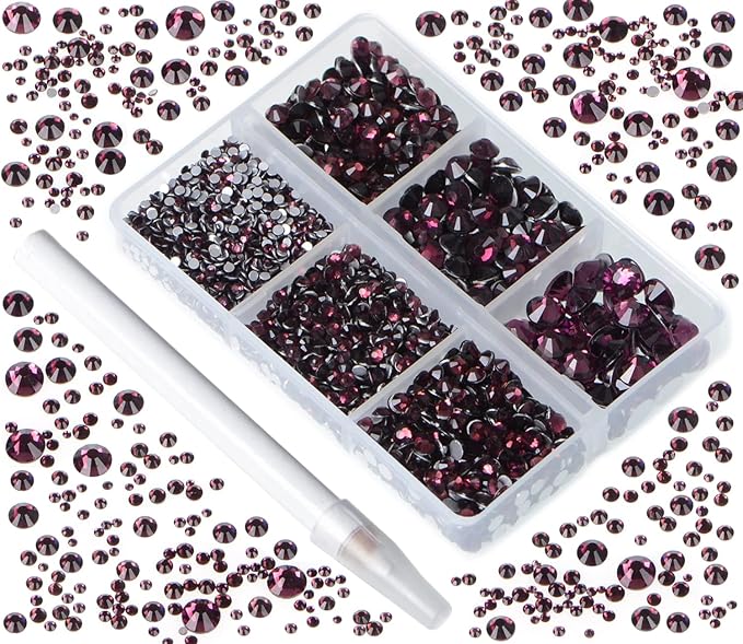 Bymitel 5000 Pieces 6 Mixed Sizes Glue Fix on Glass Rhinestones Round Crystal Gems Flatback for DIY Jewelry Making with one Picking Pen(6-Sizes 5000PCS, Amethyst)