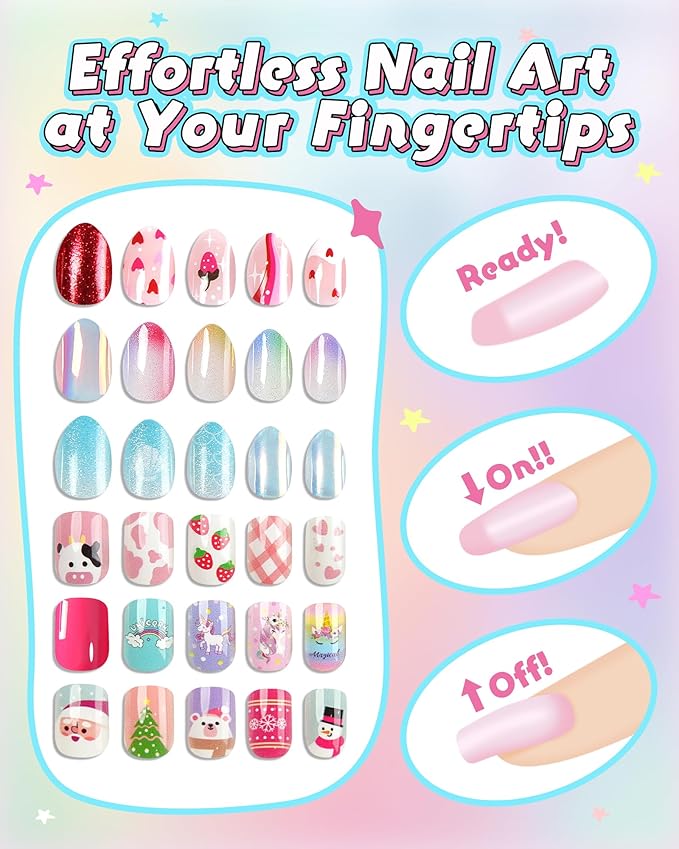Cute Press on Nails for Kids,Girls Trendy Stuff Fake Nail Kit for Ages 5-12, Pre-glue Glitter Short Acrylic Nail Stick on Nails, Great for Girl Birthday Gifts, Parties&Makeovers Decoration
