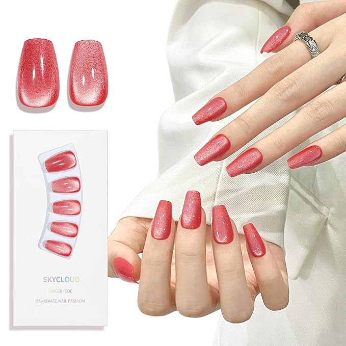 Skycloud Red Cat Eyes Press On Nails: 24-Pcs Soft Gel Medium Coffin Nails Kit, 12 Sizes, Reusable Stick Nails