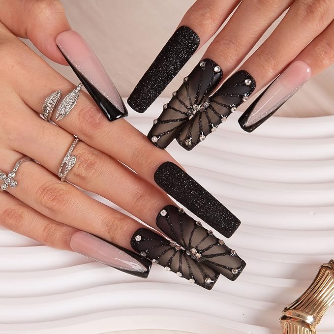 LOVFUL Press on Nails Dancing Spirit Black| Handmade with Full Covered Crystals| Reusable Fake Nails| Square Mid length 1.7in| H79-L