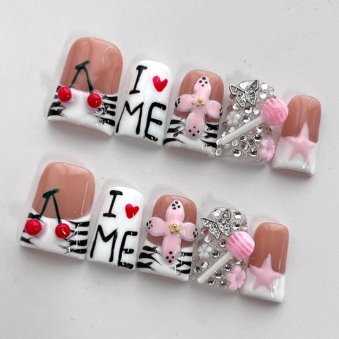 French Tip Press on Nails Handmade Short Duck 3D Flower Thick Acrylic Nails Cute False Nails with Lollipop Cherry Stars Designs White Glossy Fake Nail Sturdy Art Press on Nail 10Pcs(S)