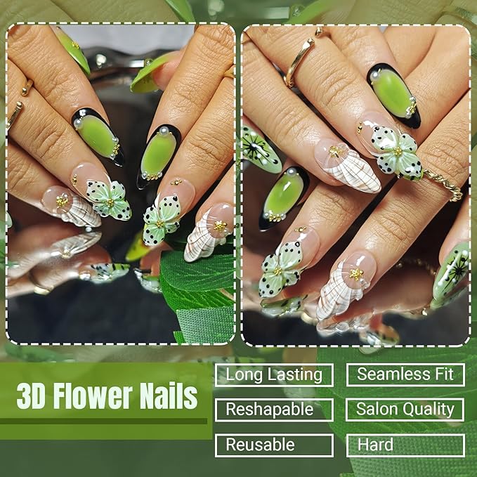 Handmade Acrylic Press On Nails Almond, 3D Press On Nails Medium, 3D Green Nails French Tip Flower Bubble Preal For Women Gift, Reusable Stick On Fake Nails Kit With Nail Glue (Floral Oasis-S)