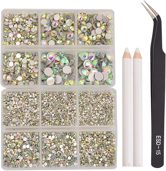 NCB 8000pcs Non Hotfix Rhinestones 10 Sizes Flatback Crystal Glass Rhinestones with Tweezers and Picking Pen for Nail Art Clothes Bags Phone Decorations Crafts DIY (001ab Crystal AB Mix SS3-SS30)