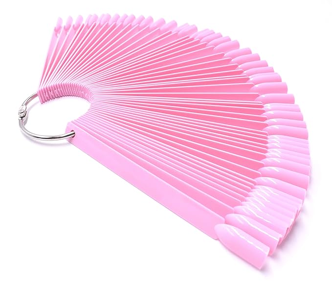 2 Sets 100 Tips Fan Shape Plastic Nail Art Tips Display Polish Board Display Practice Sticks with Metal Split Ring Holder (Pink)