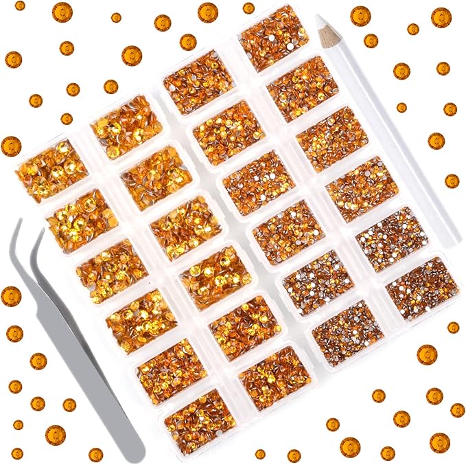 10000 Pieces Rhinestones 6 Sizes Round Crystal Glass Flat Back Rhinestones with 1Tweezers and 1Picking Pen for Nail Art Crafts Clothes Bags DIY (Topaz)