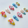 Luxury Press on Nails Medium Almond Handmade 3D Unique Reusable ABS Material Fake Nails French Tip False Nails with Designs Water Drop Flower Summer Glossy Glue on Nail Thick Acrylic Nail(S)