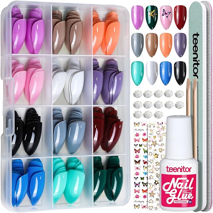 Teenitor 12 Colors Almond Press On Nails Short Length, Almond Shaped Press On Nails With Glue, Press On Nails Medium Almond, Almond Acrylic Nails Press On Almond Nails