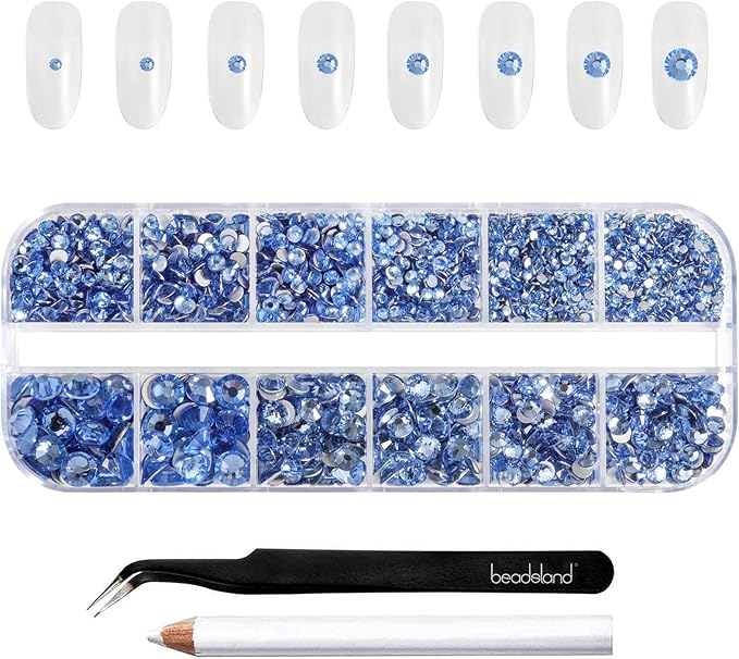Beadsland Rhinestones for Makeup,8 Sizes 2500pcs Light Blue Flatback Rhinestones Eye Gems for Nails Crafts with Tweezers and Wax Pencil,Light Sapphire,SS4-SS30