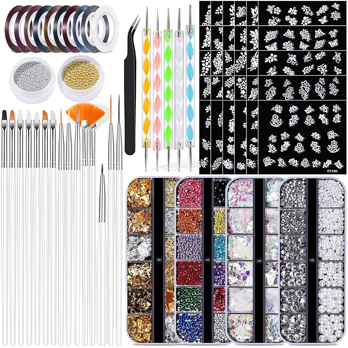 20 Nail Art Brushes Kit with Striping Tapes, Gold Flakes, Pearls, Rhinestones, Glitter & Flower Stickers for Gel Nails DIY Manicure Set (White)