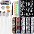 20 Nail Art Brushes Kit with Striping Tapes, Gold Flakes, Pearls, Rhinestones, Glitter & Flower Stickers for Gel Nails DIY Manicure Set (White)
