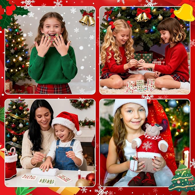 JANYUN 96 Pcs Christmas Candy Fake Nails, Press on Nails Pre-glue Full Cover Fake Nail Tips Short False Nails Art Nails Gifts
