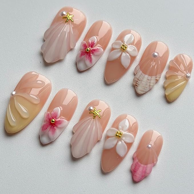 Luxury Press on Nails Medium Almond Handmade 3D Unique Reusable ABS Material Fake Nails French Tip False Nails with Designs Floral Pearls Summer Glossy Glue on Nail Thick Acrylic Nail(M)