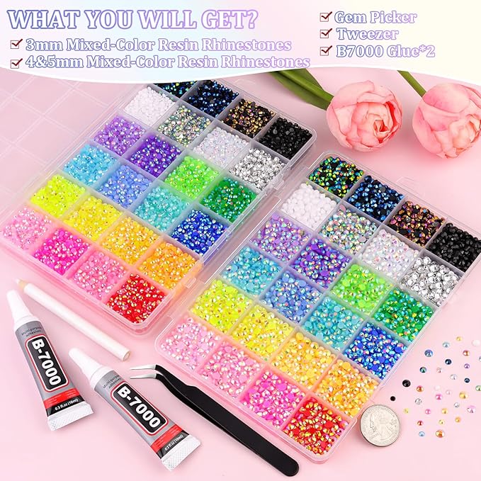 2 Boxes 3+4/5mm Jelly Rhinestones for Bedazzling, 22000Pcs Multicolor Flatback Resin Gems for Crafting, Bedazzler Kit with 2Pcs 10ml B7000 Jewelry Glue for DIY Crafts Book Fabric Decor Nail Art