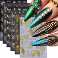6 Sheets Halloween Gold Nail Art Stickers Decals Spider Web Nails Stickers with Rhinestones Design 5D Skull Nails Decal Self-Adhesive Bat Nail Art Decal for Women Halloween Decor
