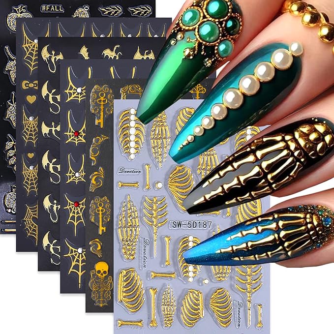 6 Sheets Halloween Gold Nail Art Stickers Decals Spider Web Nails Stickers with Rhinestones Design 5D Skull Nails Decal Self-Adhesive Bat Nail Art Decal for Women Halloween Decor