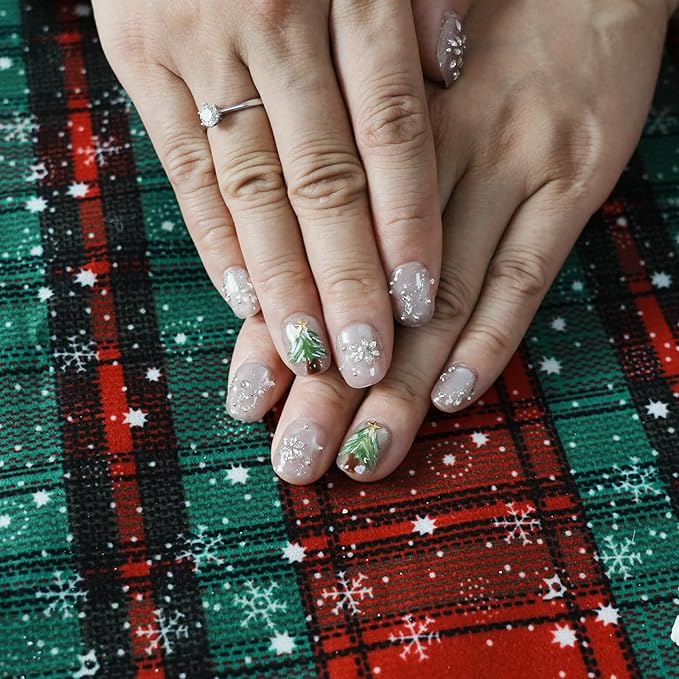 Winter Bling Press on Nails Short Coffin Handmade Fake Nails with 3D Snowflake Gems Design, Silver Glitter Artificial Nails Tree Light Design Reusable Stick on Nails (Winter Snow Scene, M)