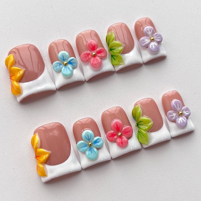White French Tip Press on Nails Handmade Short Duck 3D Flower Thick Acrylic Nails Cute False Nails with Colorful Floral Designs Glossy Fake Nail Sturdy Art Press on Nail 10Pcs(S)