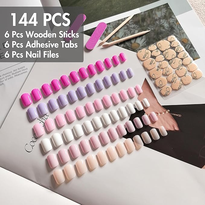 6 Pack Press On Nails Short, KQueenest Acrylic Press On Nails Square, Natural Bright Sheer Color Fake Nails Press On, Glossy Gel Glue On Nails Short Stick on Nails for Women Gift 144 Pcs