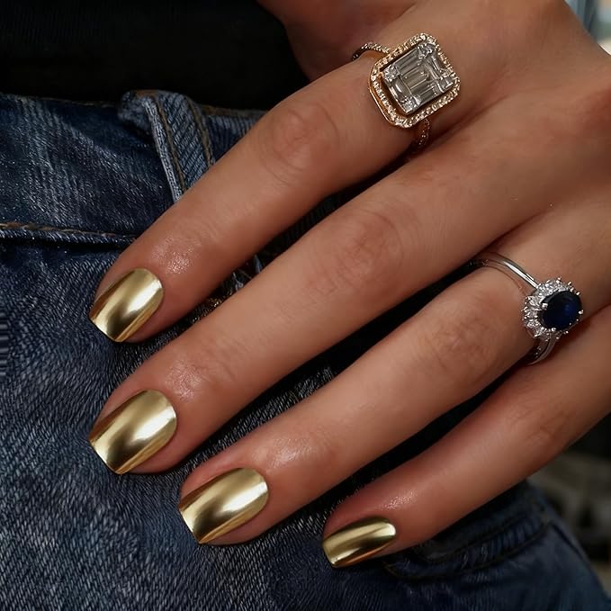 Chrome Press on Nails Short Square, Metallic Light Gold Fake Nails with a Sparkle Mirror Finish, Glitter Glue on Nails for Women Birthday Party, Thick Quality Soft Gel Nail Press ons 30 Pcs