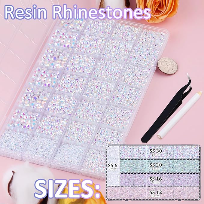 30000Pcs Resin Rhinestones for Bedazzling with Tweezers, White AB Rhinestones for Crafting with 3Pcs 10ml B7000 Jewelry Glue for DIY Crafts Clothing Tumblers Shoes Fabric Nail Art