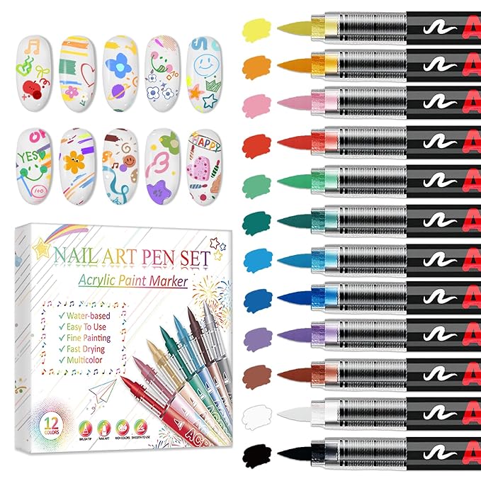 12 Colors Nail Art Pens Set, Nail Art Markers Polish Pens for Painting Nails, Acrylic Paint Drawing Painting Dotting Markers Pen Quick Drying Nail Art Design Manicure Tools 08 Multi-color