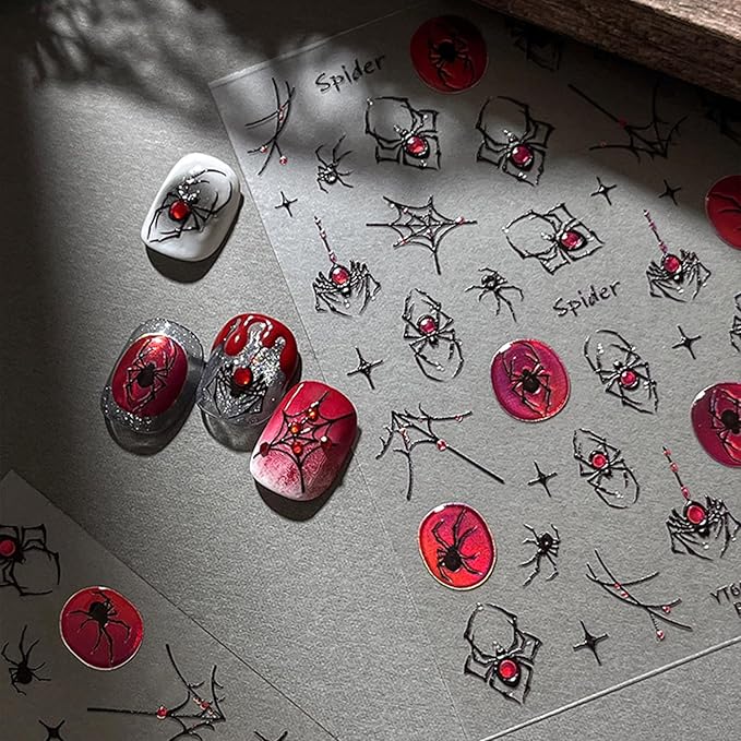 Halloween 5D Embossed Nail Art Stickers Decals Spider Gem Nails Sticker Spider Web Nails Decal Self-Adhesive Nail Art Decals for Women Halloween Decor