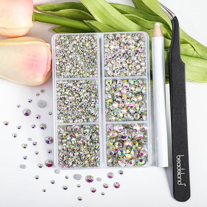 Beadsland 4300pcs Flatback Rhinestones,AB Crystal Rhinestone Nail Gems Round Crystal Rhinestones for Crafts,Mixed 6 Sizes with Picking Tweezers and Wax Pencil Kit, SS6-SS20,Crystal AB