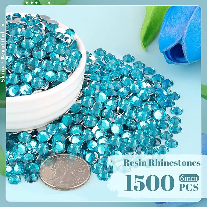 1500PCS 6mm Resin Rhinestones Bulk for Crafting (Indicolite), Flatback Bedazzling Crystals for Crafts DIY Nail Decoration, Gems Charms for Tumbler Shoes Clothing Fabric with Pickup Pen and Tweezers