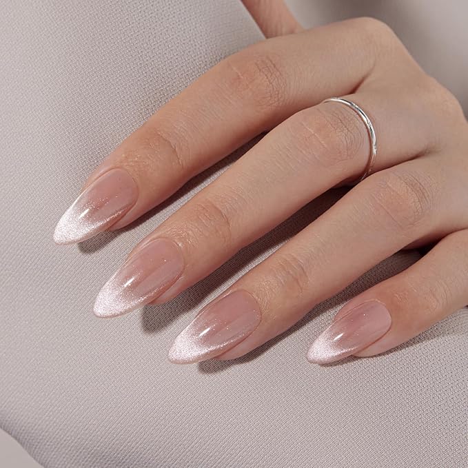 VSALON Press On Nails Almond, 32 Pcs 16 Sizes Cat Eye Press On Nails French Tip Nude Medium Sparkly Fake Nails With UV Glue Reusable Stick On Nails Semi-transparent Valentines Gift For Women
