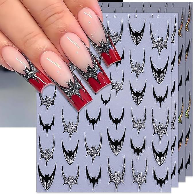 Halloween Bat Nail Stickers, Glitter Golden & Silver French Smile Bat Self-Adhesive Nail Art Decals for DIY Manicure (4 Sheets)