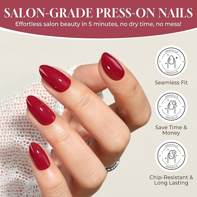 UNA GELLA Red Press On Nails Almond: Valentine's Day Soft Gel Press Ons with Nail Glue, 16 Sizes - 32 Reusable Short Fake Nails Kit, Mani Gift