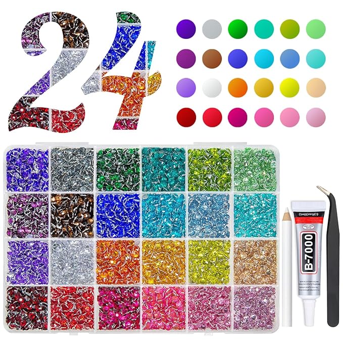 6600Pcs 24 Color 5mm Crystal Resin Rhinestones w B7000 Jewelry Glue for Bedazzling Crafting Flatback Stones Colorful Crystals Gems Diamonds Charms for Nails Eyes Face Makeup Tumblers DIY Crafts