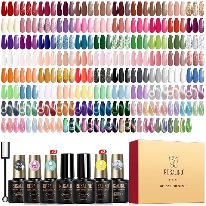 ROSALIND 101PCS Gel Nail Polish Set, 91 PCS Colors Gel Polish Set Base and Glossy Matte Glitter Top Coat Blooming Cat Eye with Magnet Stick Glitter White Pink Nude u v Nails Set Gift for Women