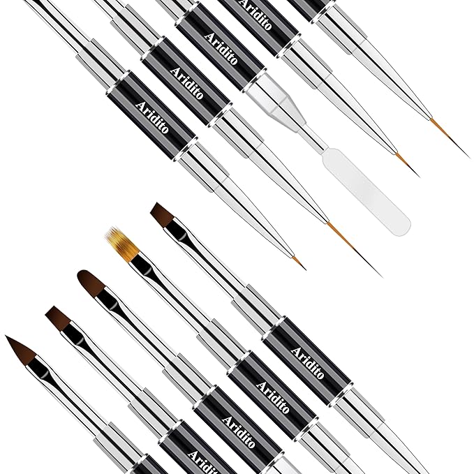 One 7-Pin Stainless Steel Nail Tool And 5pcs Double-Ended Nail Art Brushes Set With 5/10/15/20mm Liner Brushes, Gel Taking, Ombre/Flat/3D/Oval/Angled Brushes For DIY Manicures & Salons