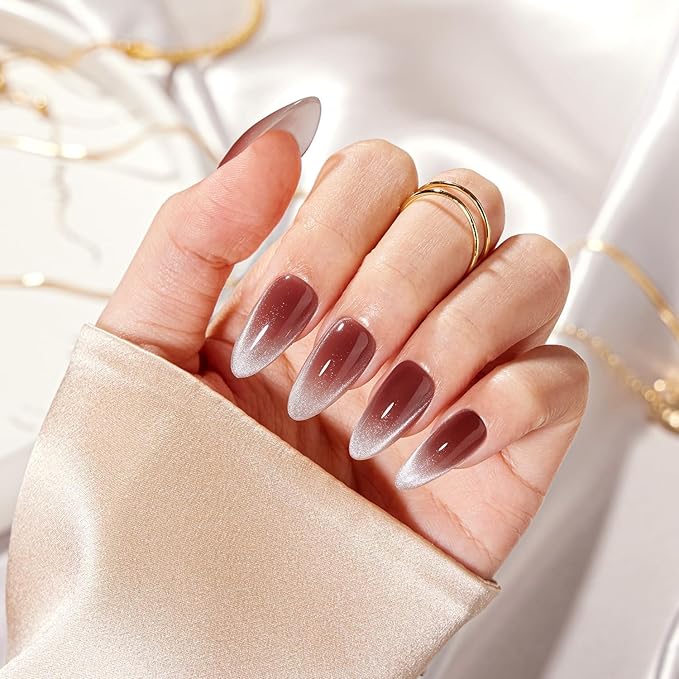 VSALON Press on Nails Medium Almond - Red Maroon Ombre French Tip Cat Eye Glossy Glitter Nails Kit for Woman, Reusable Semi-Transparent Gel Glue on Nails with Glue & Cuticle Oil - 32 PCS in 16 Sizes