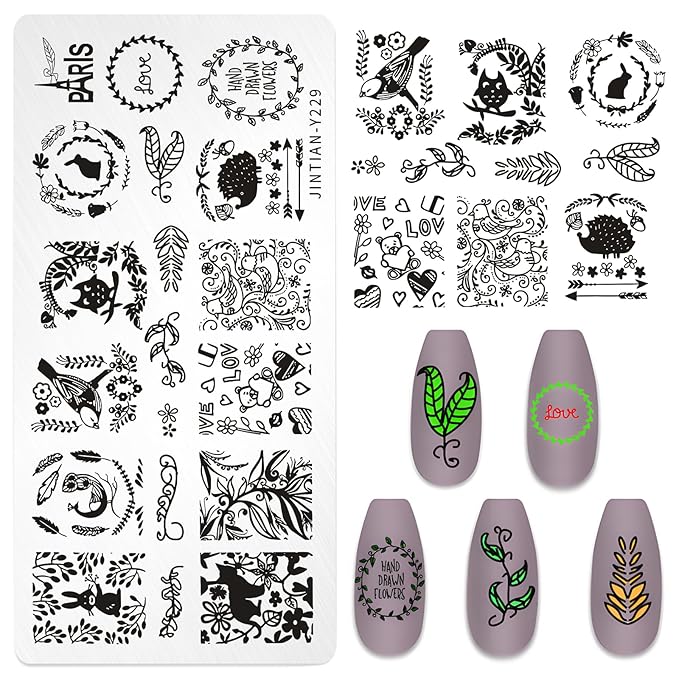 7pc Nail Stamping Plate Kit Flower Butterfly Nails Stamp Plate Lace Animal Nail Art Template Stencil Fingernail Polish Stamps Plates Set Silicone Stamper Scraper French Nails Design Tools