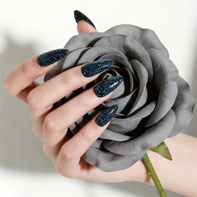 Semi Cured Gel Nail Strips Black Glitter Nail Strips with UV/LED Required Long Lasting Gel Nail Stickers Includes 22 Strips 2 Prep Pads, Nail File & Wooden Stick