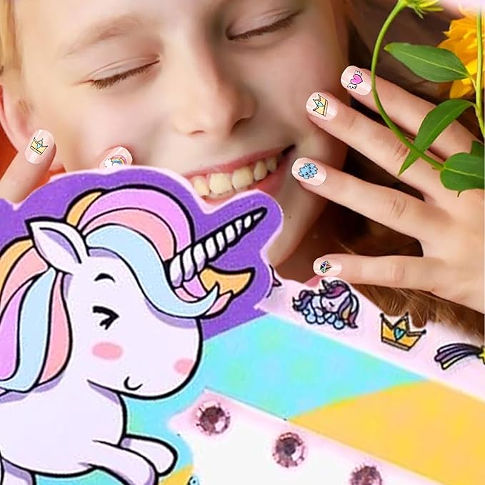 Unicorn Nail Stickers – 1 Sheet with 72 Stickers + 24 Rhinestones – Self-Adhesive Nail Art for Girls – Fun Activity & Gift Idea for Birthdays, Crafts, Party Bags and Playdates