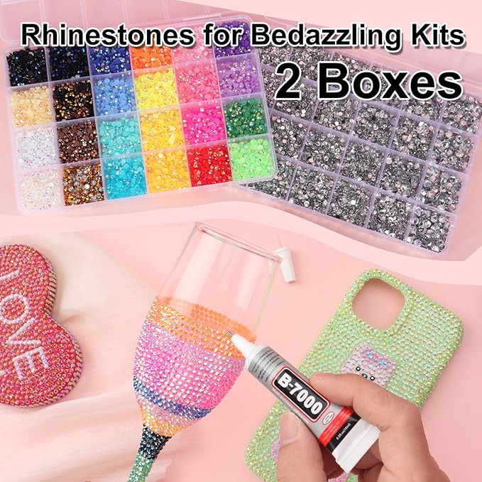 2 Boxes Rhinestones for Bedazzling Kits, Multicolor 4mm & Silver Clear 2/3/4/5/6mm Resin Flatback Gems for Diamond Art, Bedazzler Kit with 3Pcs 10ml B7000 Jewelry Glue for DIY Crafting Crafts Decor