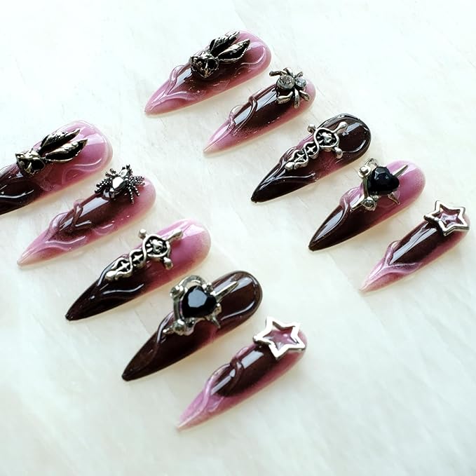 Gothic Press-On Nails, Pink to Black Ombre, Stiletto Shape with 3D Halloween Charms, Handmade False Nail 10 Pieces (XS, LS)