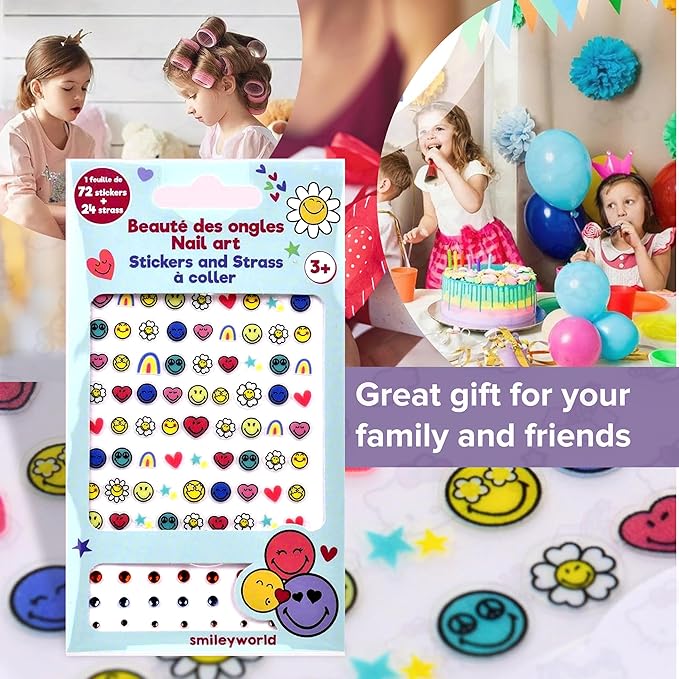 Smiley Nail Stickers – 1 Sheet with 72 Stickers + 24 Rhinestones – Self-Adhesive Nail Art for Girls – Fun Activity & Gift Idea for Birthdays, Crafts, Party Bags and Playdates